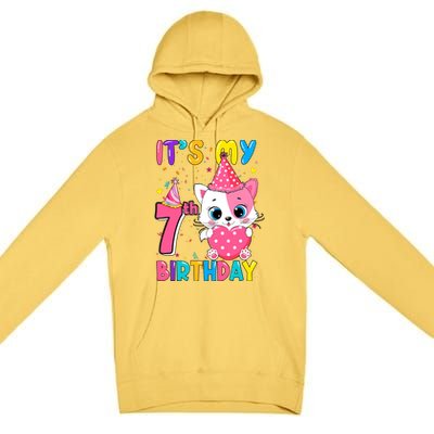 ItS My 7th Birthday Girl Funny Cat Birthday 7 Year Old Premium Pullover Hoodie