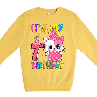 ItS My 7th Birthday Girl Funny Cat Birthday 7 Year Old Premium Crewneck Sweatshirt