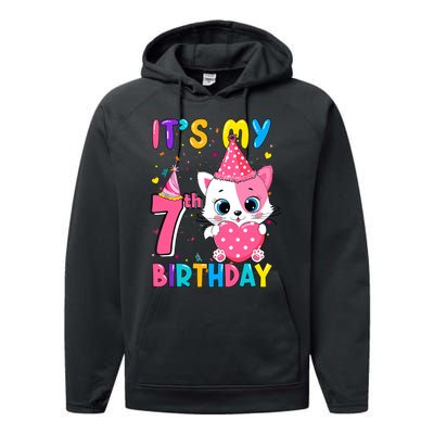 ItS My 7th Birthday Girl Funny Cat Birthday 7 Year Old Performance Fleece Hoodie