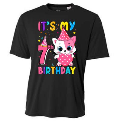 ItS My 7th Birthday Girl Funny Cat Birthday 7 Year Old Cooling Performance Crew T-Shirt