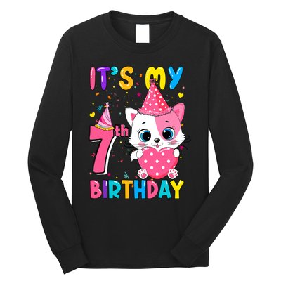 ItS My 7th Birthday Girl Funny Cat Birthday 7 Year Old Long Sleeve Shirt