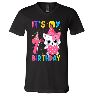 ItS My 7th Birthday Girl Funny Cat Birthday 7 Year Old V-Neck T-Shirt