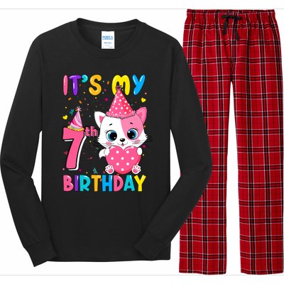 ItS My 7th Birthday Girl Funny Cat Birthday 7 Year Old Long Sleeve Pajama Set