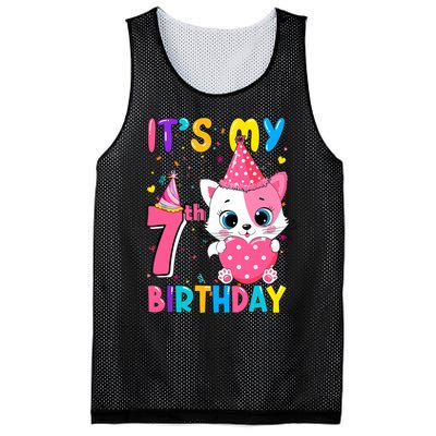 ItS My 7th Birthday Girl Funny Cat Birthday 7 Year Old Mesh Reversible Basketball Jersey Tank