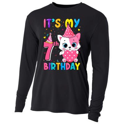 ItS My 7th Birthday Girl Funny Cat Birthday 7 Year Old Cooling Performance Long Sleeve Crew