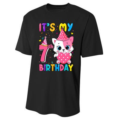 ItS My 7th Birthday Girl Funny Cat Birthday 7 Year Old Performance Sprint T-Shirt