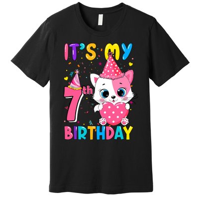 ItS My 7th Birthday Girl Funny Cat Birthday 7 Year Old Premium T-Shirt