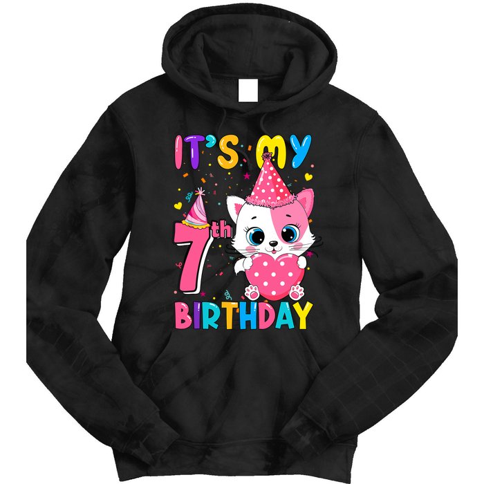 ItS My 7th Birthday Girl Funny Cat Birthday 7 Year Old Tie Dye Hoodie