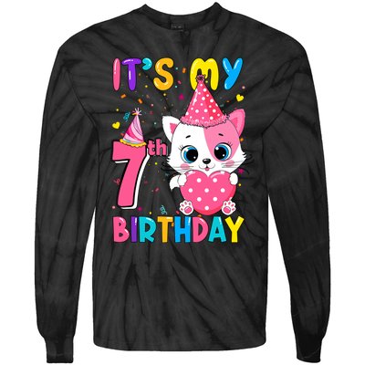 ItS My 7th Birthday Girl Funny Cat Birthday 7 Year Old Tie-Dye Long Sleeve Shirt