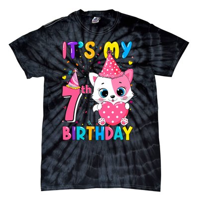 ItS My 7th Birthday Girl Funny Cat Birthday 7 Year Old Tie-Dye T-Shirt