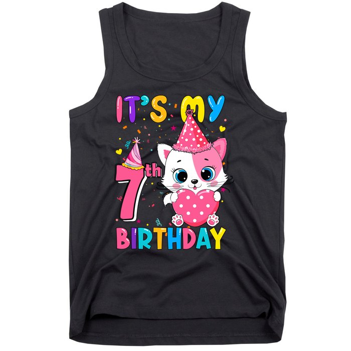 ItS My 7th Birthday Girl Funny Cat Birthday 7 Year Old Tank Top