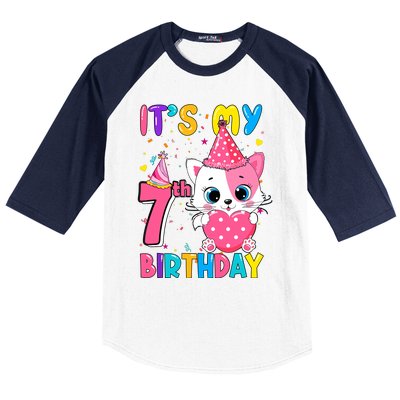 ItS My 7th Birthday Girl Funny Cat Birthday 7 Year Old Baseball Sleeve Shirt