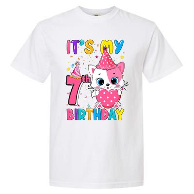 ItS My 7th Birthday Girl Funny Cat Birthday 7 Year Old Garment-Dyed Heavyweight T-Shirt