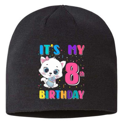 It's My 8th Birthday Girl Funny Cat Birthday 8 Year Old Sustainable Beanie