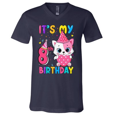 Its My 8th Birthday Funny Cat Birthday 8 Year Old Gift V-Neck T-Shirt