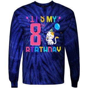 It's My 8th Birthday Cat Birthday 8 Yr Old Outfit Tie-Dye Long Sleeve Shirt