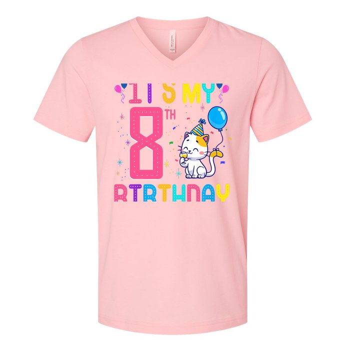 It's My 8th Birthday Cat Birthday 8 Yr Old Outfit V-Neck T-Shirt