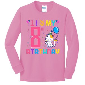 It's My 8th Birthday Cat Birthday 8 Yr Old Outfit Kids Long Sleeve Shirt