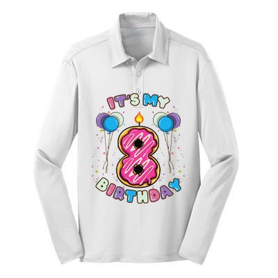 Its My 8th Birthday Donut Birthday Silk Touch Performance Long Sleeve Polo