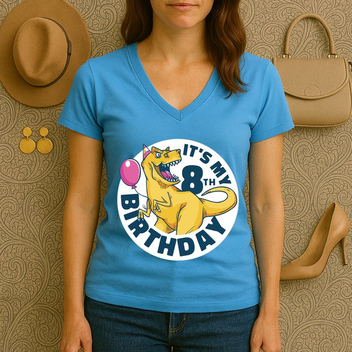 It's My 8th Birthday Dinosaur Women's V-Neck T-Shirt