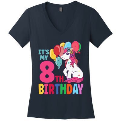 Its My 8th Birthday Unicorn Birthday Women's V-Neck T-Shirt