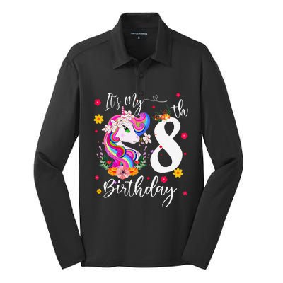 It's My 8th Birthday Gift Unicorn 8 Year Olds Silk Touch Performance Long Sleeve Polo