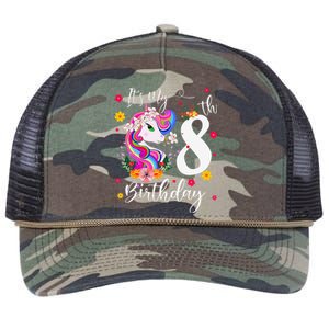 It's My 8th Birthday Gift Unicorn 8 Year Olds Retro Rope Trucker Hat Cap