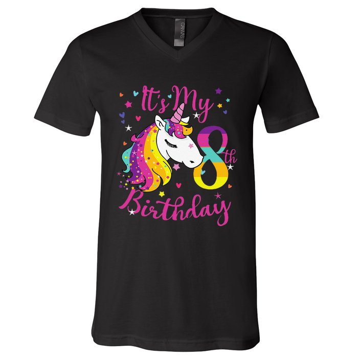 It's My 8th Birthday Unicorn 8 Year Old Giftss N V-Neck T-Shirt