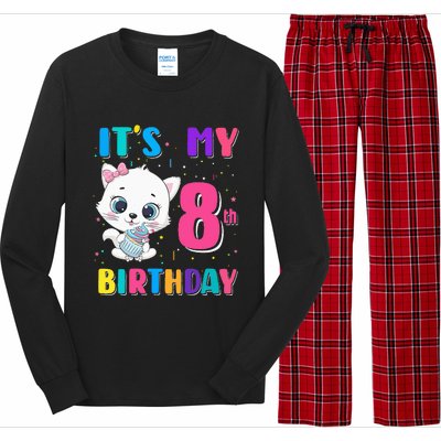 Its My 8th Birthday Girl Funny Cat Birthday 8 Year Old Long Sleeve Pajama Set