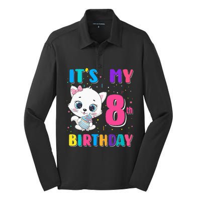 Its My 8th Birthday Girl Funny Cat Birthday 8 Year Old Silk Touch Performance Long Sleeve Polo