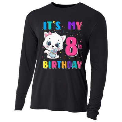 Its My 8th Birthday Girl Funny Cat Birthday 8 Year Old Cooling Performance Long Sleeve Crew