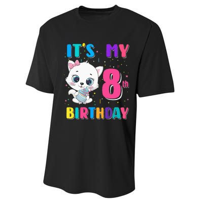 Its My 8th Birthday Girl Funny Cat Birthday 8 Year Old Performance Sprint T-Shirt