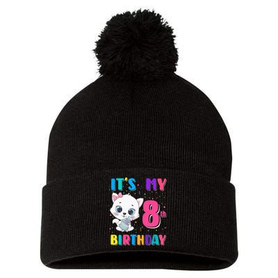 Its My 8th Birthday Girl Funny Cat Birthday 8 Year Old Pom Pom 12in Knit Beanie