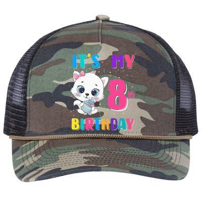 Its My 8th Birthday Girl Funny Cat Birthday 8 Year Old Retro Rope Trucker Hat Cap