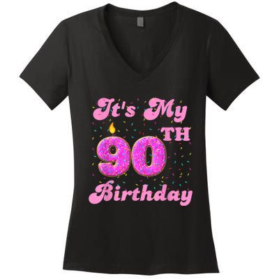 It's My 90th Birthday Donut 90 Years Old Bday Women's V-Neck T-Shirt