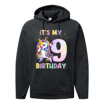 It's My 9th Birthday Unicorn 9 Year Olds Outfit Performance Fleece Hoodie