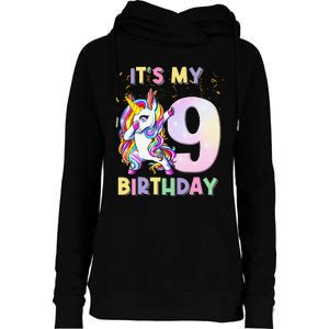 It's My 9th Birthday Unicorn 9 Year Olds Outfit Womens Funnel Neck Pullover Hood