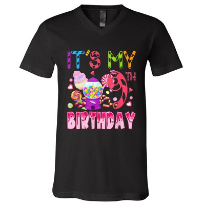 Its My 9th Birthday Candy Candyland Birthday Girl 9 Year Old V-Neck T-Shirt