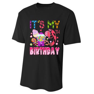 Its My 9th Birthday Candy Candyland Birthday Girl 9 Year Old Performance Sprint T-Shirt