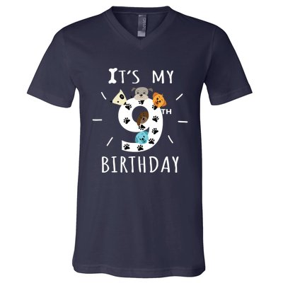 ItS My 9th Birthday Dog Lover Theme 9 Years Old Puppy V-Neck T-Shirt