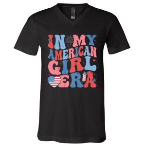 In My American Girl Era Retro 4th Of July Fourth Groovy V-Neck T-Shirt