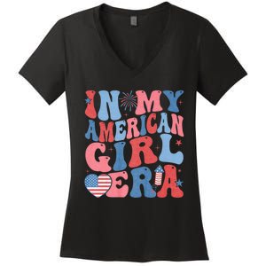 In My American Girl Era Retro 4th Of July Fourth Groovy Women's V-Neck T-Shirt