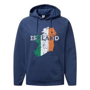 Irish Map And Flag Souvenir Gift Distressed Ireland Cool Gift Performance Fleece Hoodie