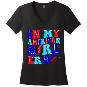 In My American Girl Era Retro 4th Of July Fourth Groovy Women's V-Neck T-Shirt