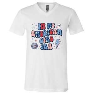 In My American Girl Era Retro 4th Of July Fourth Groovy V-Neck T-Shirt