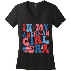 In My American Girl Era Retro 4th Of July Fourth Groovy Women's V-Neck T-Shirt