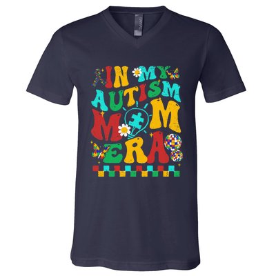 In My Autism Mom Era Groovy Puzzle Piece Retro Mothers Day V-Neck T-Shirt