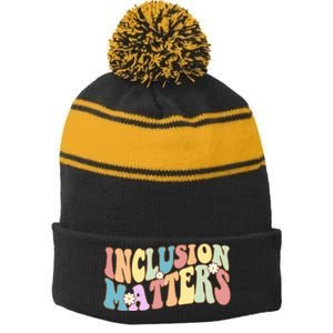 Inclusion Matters Autism Awareness Retro Floral Stripe Pom Pom Beanie