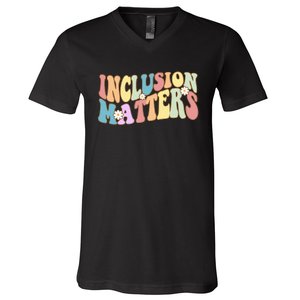 Inclusion Matters Autism Awareness Retro Floral V-Neck T-Shirt