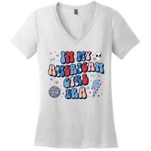 In My American Girl Era Retro 4th Of July Fourth Groovy Women's V-Neck T-Shirt